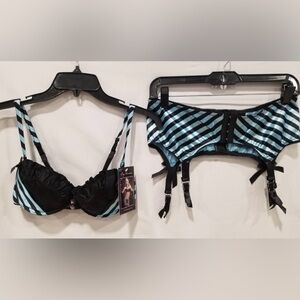 NWT Leg Avenue Black and Blue Striped Garter  and Bra Set.  Size S/P